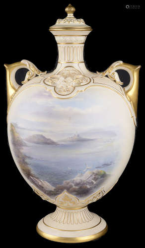 A Royal Worcester twin handled vase and cover Edward Salter, c1893
