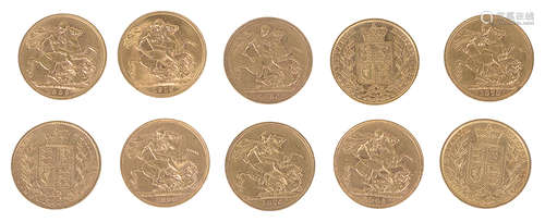 Ten Queen Victoria, Edward VII and George V gold full sovereigns(10)