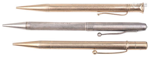 A 9ct gold cased pencil, a silver cased pencil; other(3)