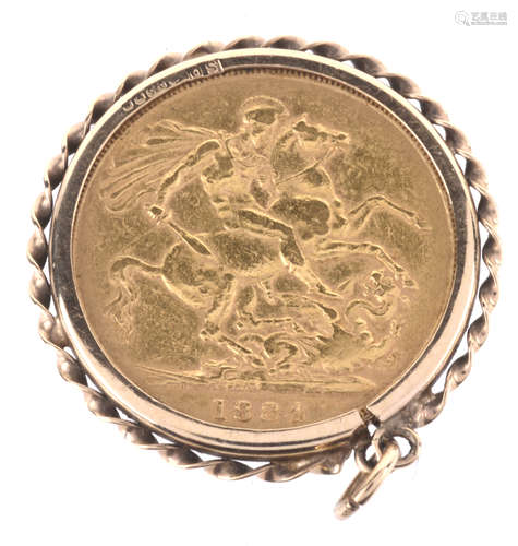 Queen Victoria 1884 gold full sovereign, in a removable pendant mount