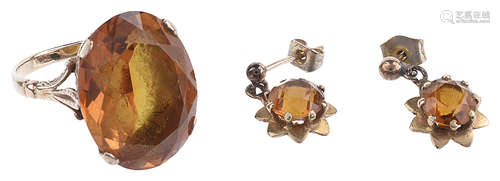 A gold mounted citrine fancy ring and a pair of similar ear drops