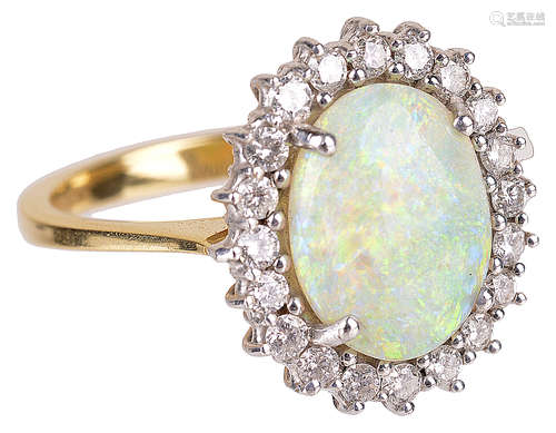 A Continental opal and diamond set cluster ring