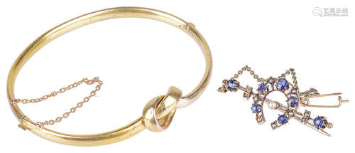 A Vict. sapphire and pearl set horseshoe brooch and a gold bangle(2)