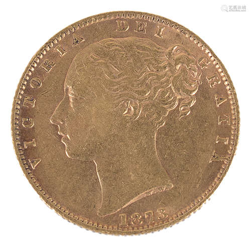 A Queen Victoria 1873 gold full sovereign, die number 12