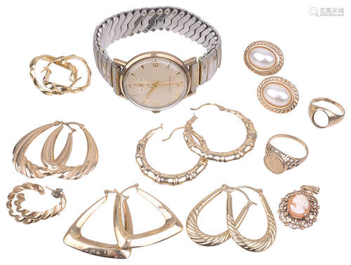 A quantity of gold earrings together with a 9ct gold wristwatch (qty)