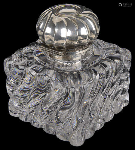 A Vict. silver and glass desk inkwell, hallmarked Birmingham 1891