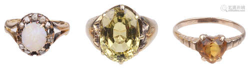 Citrine mounted dress ring, Vict. opal and diamond set ring; other (3)