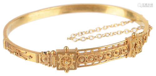 An 18ct gold Vict. Etruscan style hinged bangle