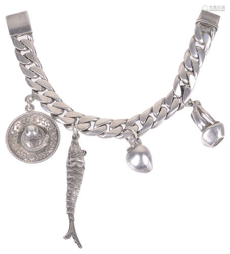 A heavy sterling silver charm bracelet including a Georg Jensen charm