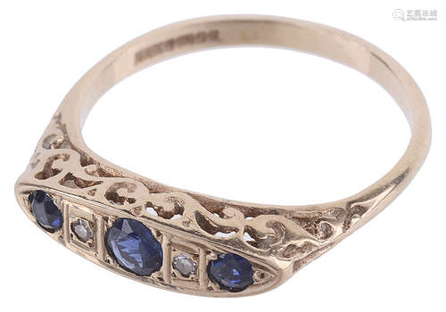 A sapphire and diamond boat shaped ring