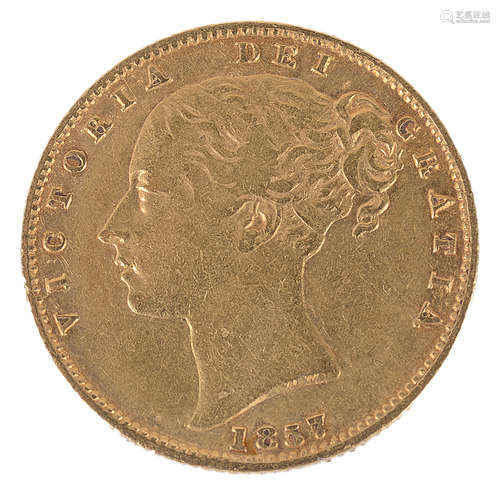 A Queen Victoria 1857 gold full sovereign, overstrike