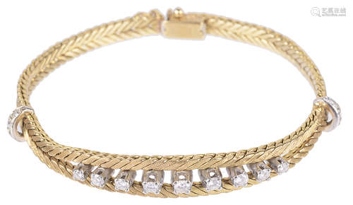 A Continental 18ct gold and diamond set articulated bracelet