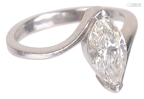 A platinum mounted single stone marquis shaped diamond set ring,