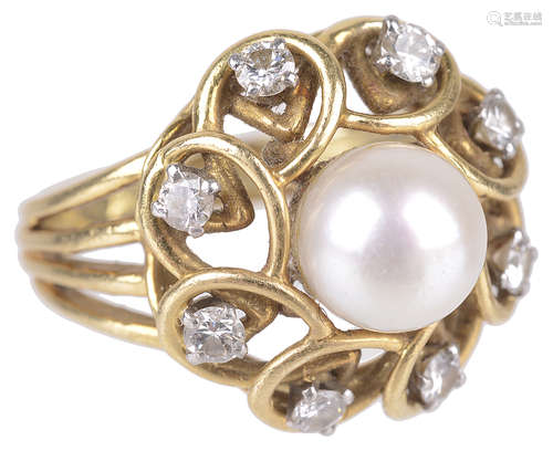 An 18ct gold mounted cultured pearl and diamond set fancy ring