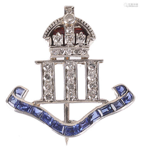 A '3rd Indian Cavalry' sapphire ruby and diamond set sweetheart brooch