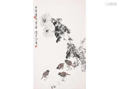 张书旂（1900～1957）  陈良（#） 菊花鸟图 立轴 设色纸本