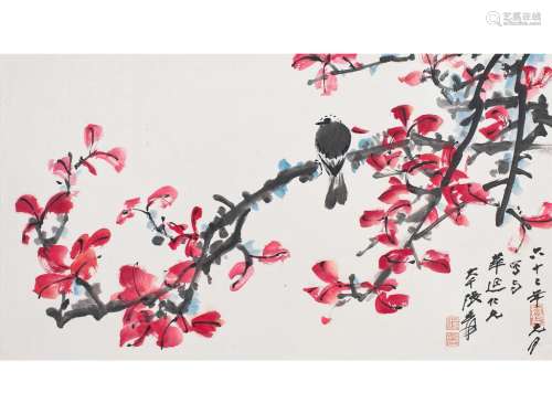 张大千（1899～1983） 红叶小鸟 镜片 设色纸本