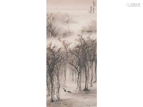 关山月（1912～2000） 秋林双禽图 屏轴 设色纸本