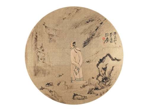 张大千（1899～1983） 高士图 团扇面 泥金纸本