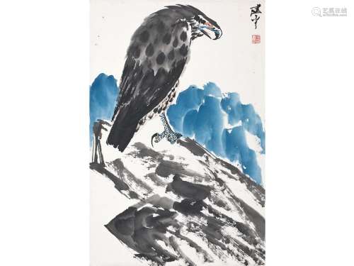 王书平（b.1955） 鹰石图 镜片 设色纸本