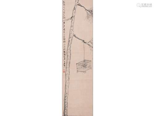 吕凤子（1886～1959） 松树笼鸟 立轴 水墨纸本