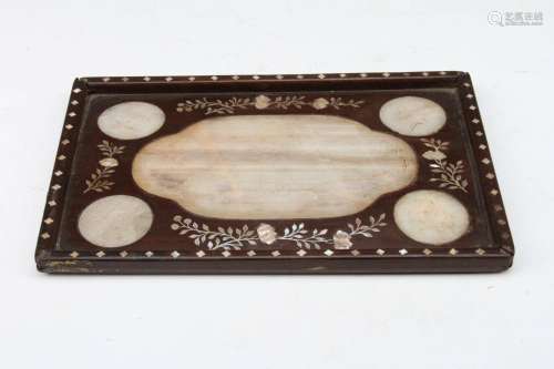 [CHINESE]QING DYNASTY STYLED SHELL CARVED JADE INLAID HUA LI WOOD MADE TEA TRAY L:10.25