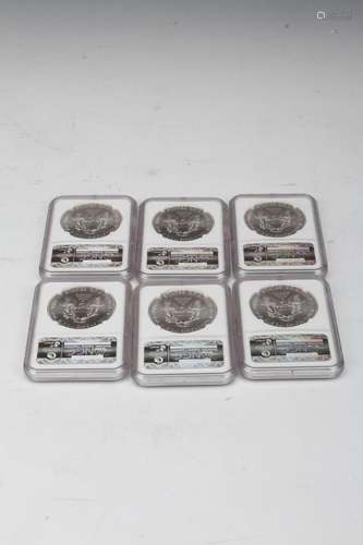 A SET OF AMERICAN SILVER COINS ISSUED IN 2014 WITH BOXES TOTAL 6 ITEMS (TOTAL 70g) W:1.6