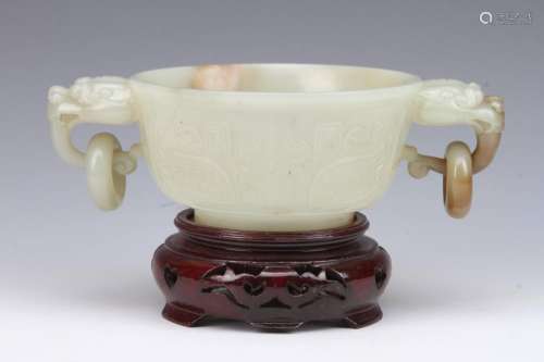 [CHINESE] QING DYANSTY STYLED HETIAN JADE BOWEL CARVED WITH DOUBLE DRAGON (372g)L:7.5