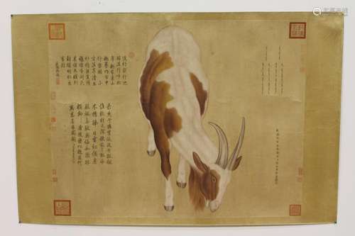 [CHINESE]A LANG SHI NING MARKED CHINESE TRADITIONAL PAINTING OF GOAT WITH EMPEROR QIAN LONG'S INSCRIPTION W:40