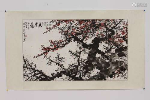 [CHINESE]A CHINESE PAINTING OF RED PLUMS PAINTED BY FAMOUS CHINESE ARTIST GUAN SHAN YUE L:35.25