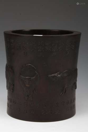 [CHINESE] THE REPUBLIC OF CHINA STYLED WOOD MADE BRUSH POT WITH FIVE BULLS PATTERN L:6