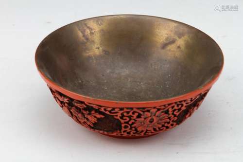 [CHINESE]LATE 19TH CENTURY BRONZE CARVED BOWL WITH LACQURE W:6.5