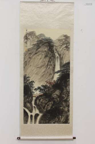 CHINESE FU BAO SHI INSCRIBED WATER COLOR PAINTING OF LANDSCAPE W:25.75