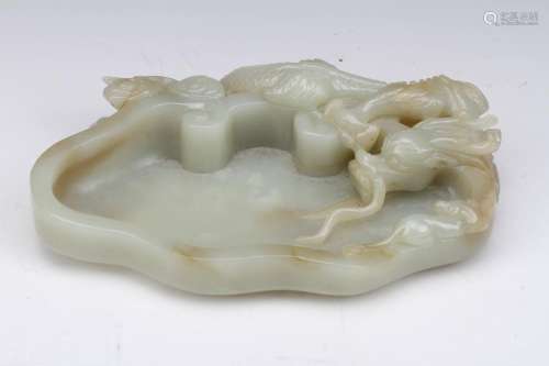 [CHINESE] HETIAN JADE CARVED BRUCH WASH TRAY CARVED WITH DRAGON (365G) L:5.5