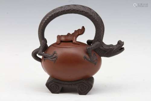 [CHINESE] YIXING CLAY TEAPOT WITH CARVED DRAGON HANDLE L:6