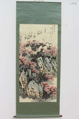 CHINESE SONG WEN ZHI INSCRIBED WATER COLOR PAINTING SCROLL OF DONG TING LAKE W:25.75