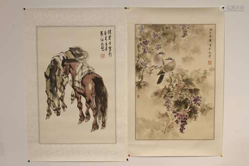 [CHINESE]A CHINESE TRADITIONAL PAINTING OF TWO HORSES BY WEI JIANG FAN AND A CHINESE TRADITIONAL PAINTING OF FLOWERS AND BIRDS BY ZHI GUANG L:27