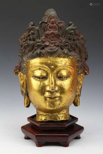 [CHINESE]A MING DYNASTY STYLED GOLD GILTED HEAD STATUE OF BUDDHA ORNAMENT W:8