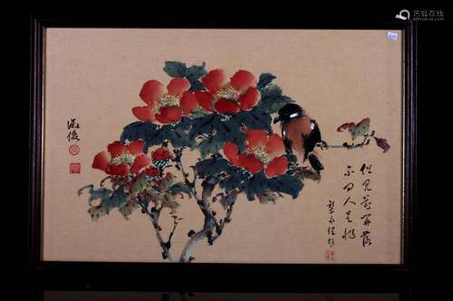 [CHINESE] MIRROR PAINTING OF FLOWER AND BIRD BY PAN SHU JUN L:22.00