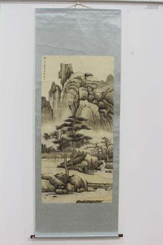 A CHEN SHAO MEI INSCRIBED PAINTING SCROLL OF LANDSCAPE W:25 H:51