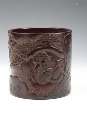 [CHINESE] GLASS GOLD GLAZED BRUSH POT CARVED WITH FIGURES L:5.91