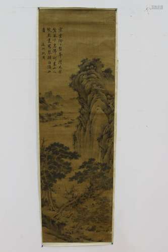 [CHINESE]TRADITIONAL CHINESE PAINTING OF MOUNTAINS BY FAMOUSE MING DYNASTY ARTIST SHEN ZHOU L:64.5