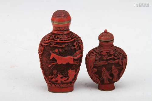 [CHINESE] QIAN LONG NIAN ZHI MARKED LACQUERWARE MADE SNUFF BOTTLES(TOTAL 2 ITEMS AND ONE OF THEM HAS DAMAGE)L:1.8