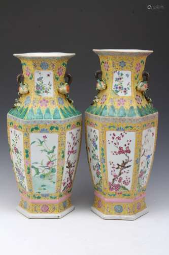 [CHINESE]A PAIR OF DA QING QIAN LONG NIAN ZHI MARKED FAMILLE ROSE PORCELAIN VASES PAINTED WITH FLOWER AND BIRD FIGURE W:9.00