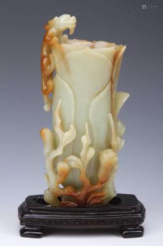 [CHINESE] QING DYNASTY STYLED HETIAN JADE FLOWER POT CARVED WITH FLOWER AND DRAGON(878g)WITH BASE L:8.27