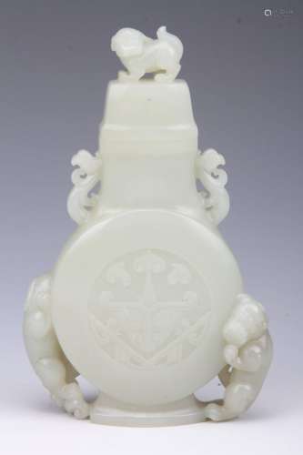[CHINESE] QING DYNASTY STYLED HETIAN JADE VASE CARVED WITH DOUBLE LION AND DRAGON(271g)L:6.1