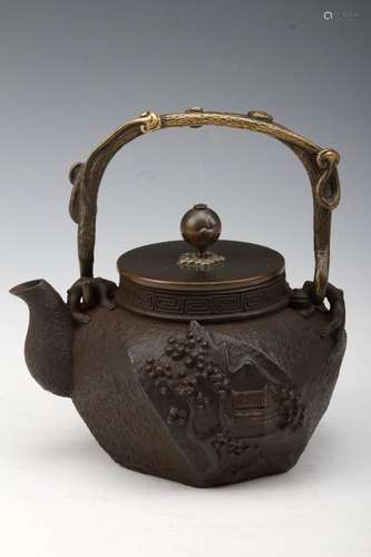 JAPANESE STYLED IRON MADE TEAPOT CARVED WITH LANSCAPE PATTERN L:7