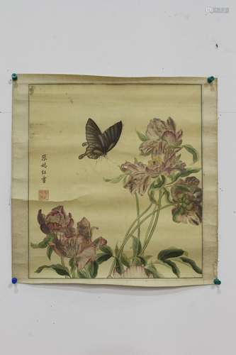 [CHINESE] PAINTING OF FLOWERS AND BUTTERFLY BY ZHANG YAN HONG L:12.5