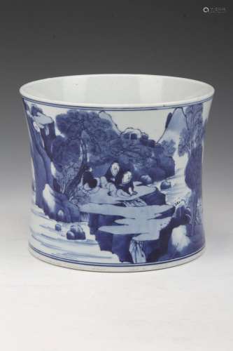 [CHINESE]QING STYLED BLUE AND WHITE PORCELAIN VASE BRUSH POT PAINTED WITH LANDSCAPE AND FIGURE PATTERN W:7.35 H:6.25