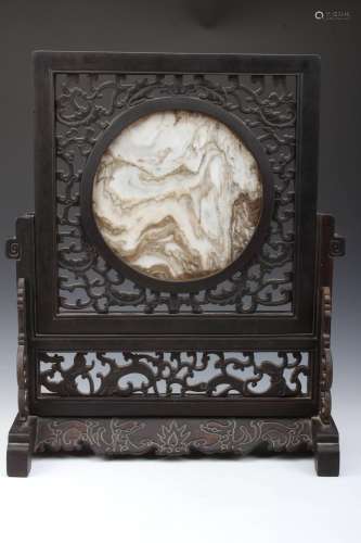 [CHINESE]REPUBLIC OF CHINA STYLED WOODEN CARVED STONE SCREEN ORNAMENT L:21.5